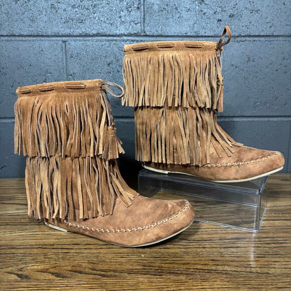 Mossimo Supply Co Fringe Suede Moccasin Boots Women’s 11 Tan Faux Fur Lined - Picture 3 of 8